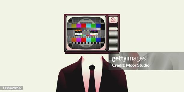 mann im anzug mit fernseher statt kopfvektorillustration. - suits television show stock-grafiken, -clipart, -cartoons und -symbole