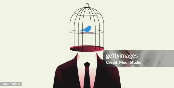 stockillustraties, clipart, cartoons en iconen met man with a birdcage instead of head vector illustration. - media ban
