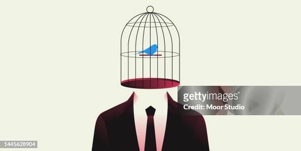 man with a birdcage instead of head vector illustration. - pet equipment 幅插畫檔、美工圖案、卡通及圖標