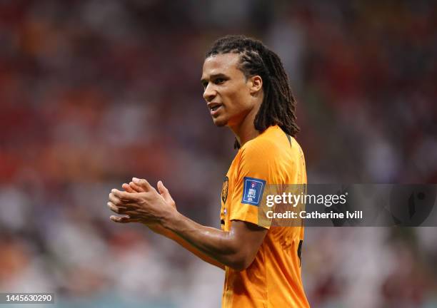 Nathan Ake of Netherlands during the FIFA World Cup Qatar 2022 Group A match between Netherlands and Qatar at Al Bayt Stadium on November 29, 2022 in...