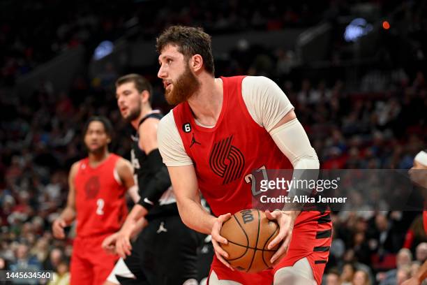 Jusuf Nurkic of the Portland Trail Blazers rebounds during the second quarter against the Los Angeles Clippers at the Moda Center on November 29,...