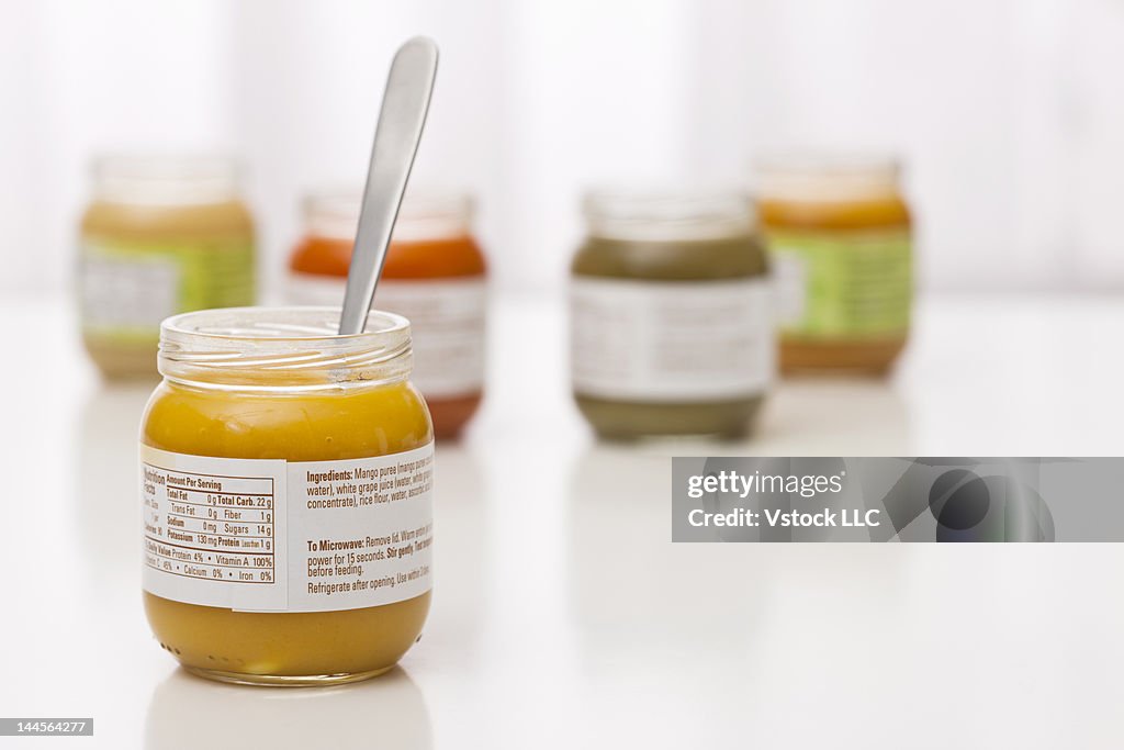 Studio shot of baby food in jars