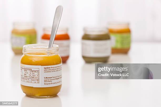 studio shot of baby food in jars - babymat bildbanksfoton och bilder