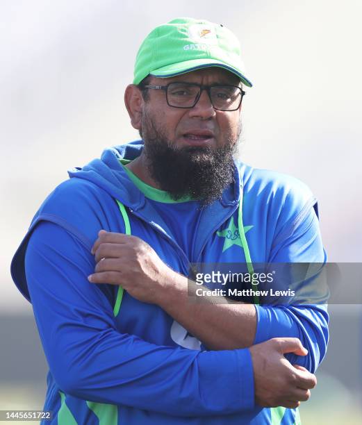 Saqlain Mushtaq, Head Coach of Pakistan pictured during a Net Session ahead of the First Test match at Rawalpindi Cricket Stadium on November 30,...