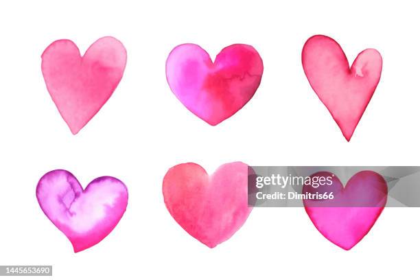 set of hand drawn watercolor hearts - february stock illustrations
