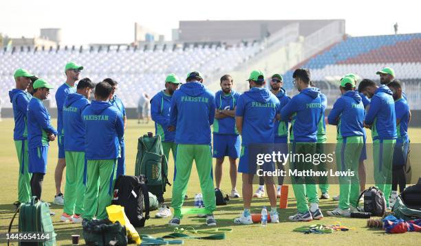 Pakistan players gather during a Net Session ahead of the First Test match at Rawalpindi Cricket Stadium on November 30, 2022 in Rawalpindi, Pakistan.