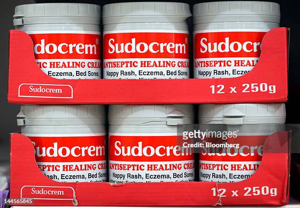 Tubs of Sudocrem antiseptic cream, manufactured by Forest Laboratories UK Limited, a subsidiary of Forest Laboratories Inc., sit on shelves at a...