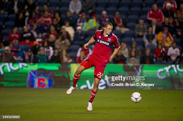Austin Berry of the Chicago Fire handles the ball against Real Salt Lake at Toyota Park on May 9, 2012 in Bridgeview, Illinois. The Fire and Real...