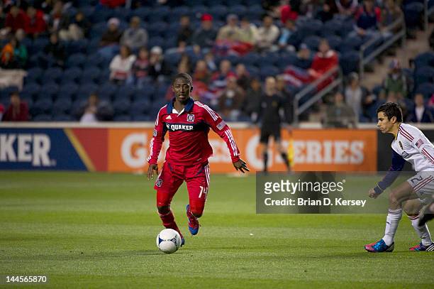 Patrick Nyarko of the Chicago Fire moves the ball against Real Salt Lake at Toyota Park on May 9, 2012 in Bridgeview, Illinois. The Fire and Real...