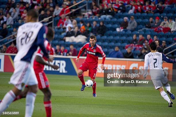 Gonzalo Segares of the Chicago Fire moves the ball against Real Salt Lake at Toyota Park on May 9, 2012 in Bridgeview, Illinois. The Fire and Real...
