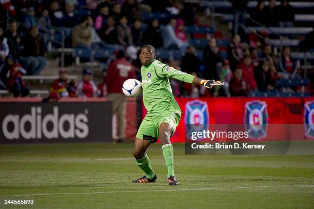 Goalkeeper Sean Johnson of the Chicago Fire throws the ball against Real Salt Lake at Toyota Park on May 9, 2012 in Bridgeview, Illinois. The Fire...