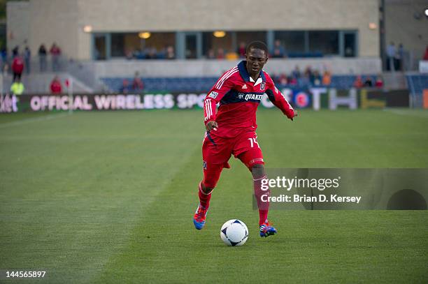 Patrick Nyarko of the Chicago Fire moves the ball against Real Salt Lake at Toyota Park on May 9, 2012 in Bridgeview, Illinois. The Fire and Real...