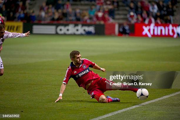 Gonzalo Segares of the Chicago Fire moves the ball against Real Salt Lake at Toyota Park on May 9, 2012 in Bridgeview, Illinois. The Fire and Real...