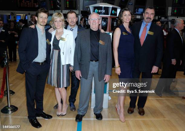 Cast of "Blue Bloods" Will Estes, Amy Carlson, Donnie Wahlberg, Len Cariou, Bridget Moynahan and Tom Selleck visit the New York Stock Exchange on May...