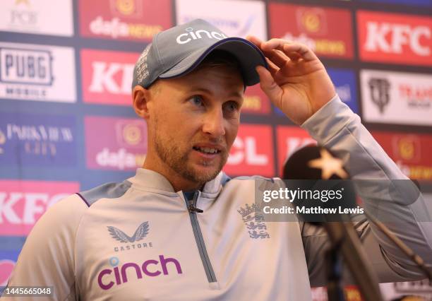 Joe Root of England talks to media ahead of the First Test match at Rawalpindi Cricket Stadium on November 30, 2022 in Rawalpindi, Pakistan.