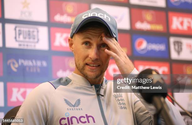 Joe Root of England talks to media ahead of the First Test match at Rawalpindi Cricket Stadium on November 30, 2022 in Rawalpindi, Pakistan.