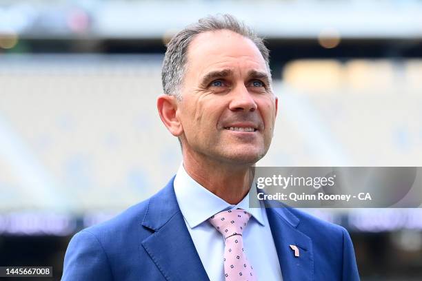 Justin Langer looks on during day one of the First Test match between Australia and the West Indies at Optus Stadium on November 30, 2022 in Perth,...