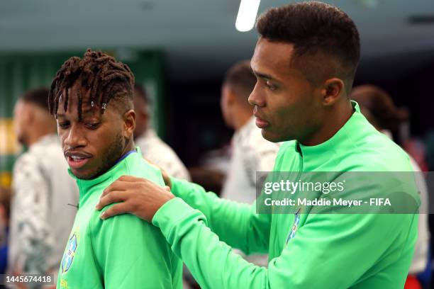 Fred and Alex Sandro of Brazil are seen in the tunnel prior to the FIFA World Cup Qatar 2022 Group G match between Brazil and Switzerland at Stadium...