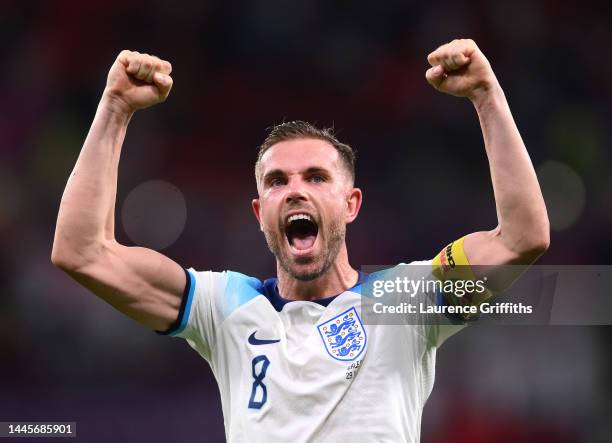 Jordan Henderson of England celebrates victory after the FIFA World Cup Qatar 2022 Group B match between Wales and England at Ahmad Bin Ali Stadium...