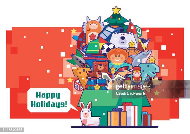 stockillustraties, clipart, cartoons en iconen met carton of toys and christmas tree - funny christmas gift