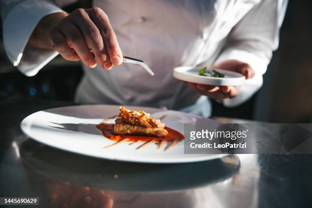 chef preparing a gilthead bream dish in a luxury restaurant - cuttlefish stock pictures, royalty-free photos & images