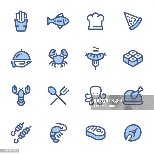 grilled food & seafood - pixel perfect blue line icons - salmon fillet stock illustrations