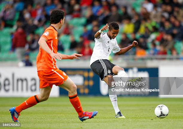 Marian Sarr of Germany passes the ball during the UEFA U17 European Championship game between Netherlands and Germany at SRC Stozice Stadium on May...