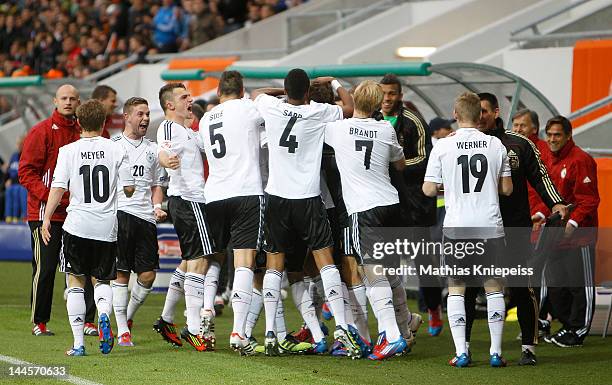 Players of Germany celebrate after Leon Goretzka scores the first goal during the UEFA U17 European Championship game between Netherlands and Germany...