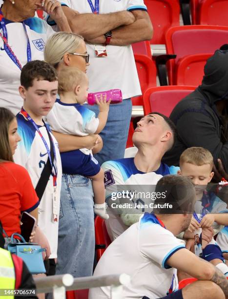 Phil Foden of England with his wife Rebecca Cooke following the FIFA World Cup Qatar 2022 Group B match between Wales and England at Ahmad Bin Ali...