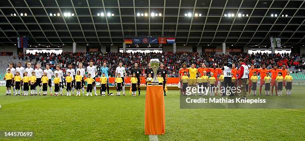 Germany and the Netherlands line up before the UEFA U17 European Championship game between Netherlands and Germany at SRC Stozice Stadium on May 16,...