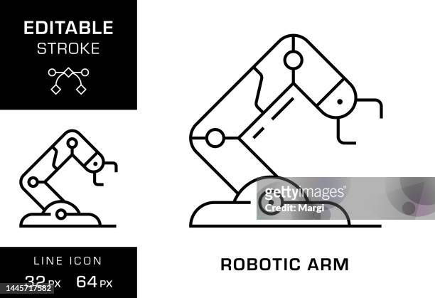 robotic arm editable stroke line icon design - robotic surgical system stock illustrations