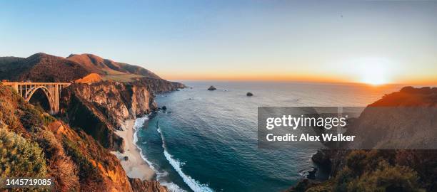 bixby creek bridge and pacific coast highway 1 at sunset - bixby creek bridge stock pictures, royalty-free photos & images