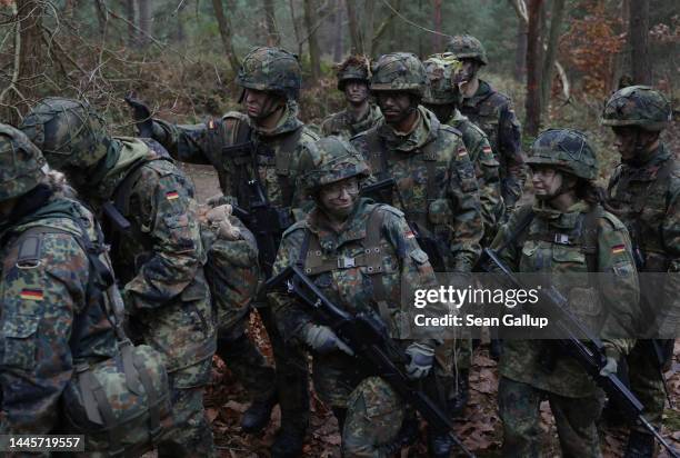 New army recruits of the Bundeswehr, Germany's armed forces, participate in basic training in a forest on November 29, 2022 near Prenzlau, Germany....