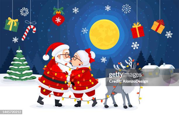 santa claus and mrs. funny kiss. claus. pure love. christmas card. reindeer. funny situation. - animals kissing stock illustrations