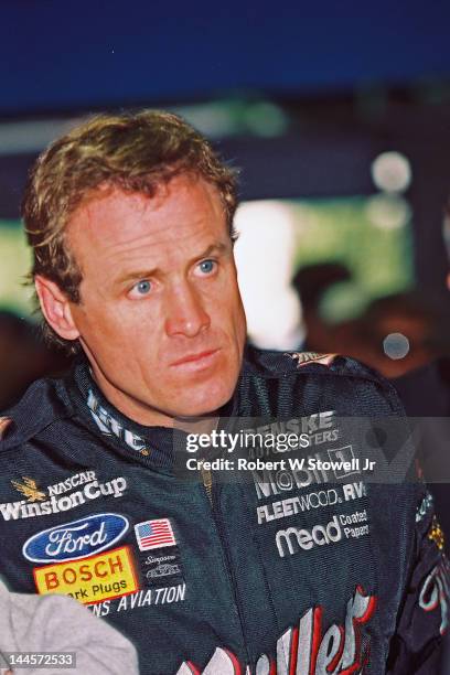 American race car driver Rusty Wallace gives an interview before the Winston Cup Race at the Charlotte Motor Speedway, Charlotte, North Carolina,...