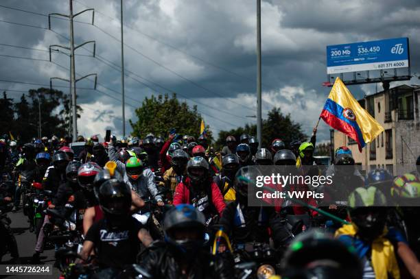 Bikers protest in Bogota, Colombia amid road security and prosecution for use of rideshare apps and road infrastrucutre, on November 23, 2022.