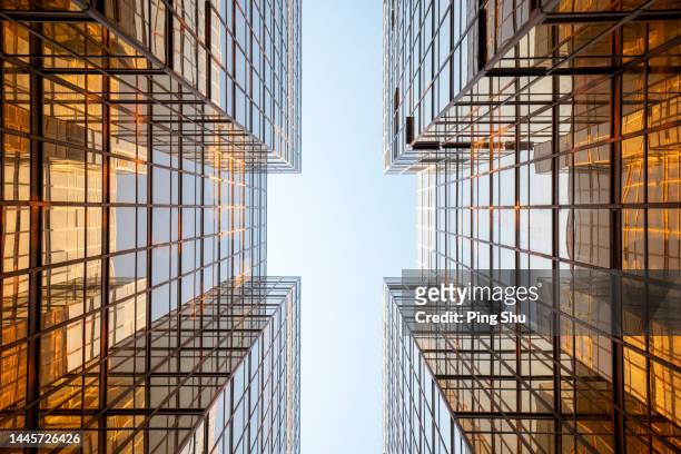 looking up, glass curtain wall of office building, building facade - curtain wall facade stock pictures, royalty-free photos & images