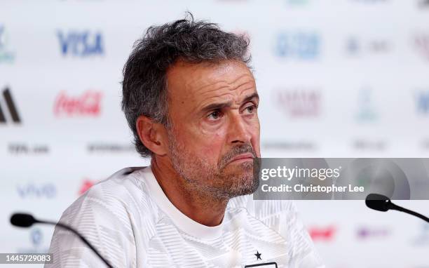 Luis Enrique, Head Coach of Spain, speaks during the Spain Press Conference at the Main Media Center on November 30, 2022 in Doha, Qatar.