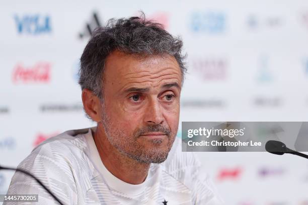 Luis Enrique, Head Coach of Spain, speaks during the Spain Press Conference at the Main Media Center on November 30, 2022 in Doha, Qatar.