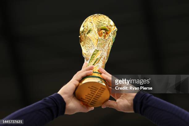 Model FIFA World Cup trophy is seen prior to the FIFA World Cup Qatar 2022 Group D match between Tunisia and France at Education City Stadium on...