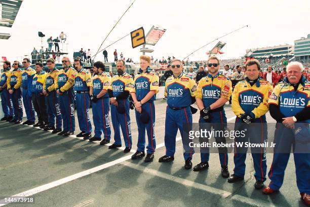 Portrait of the Lowe's sponsored, Brett Bodine pit crew before the Winston Cup Race at the Charlotte Motor Speedway, Charlotte, North Carolina, 1998.