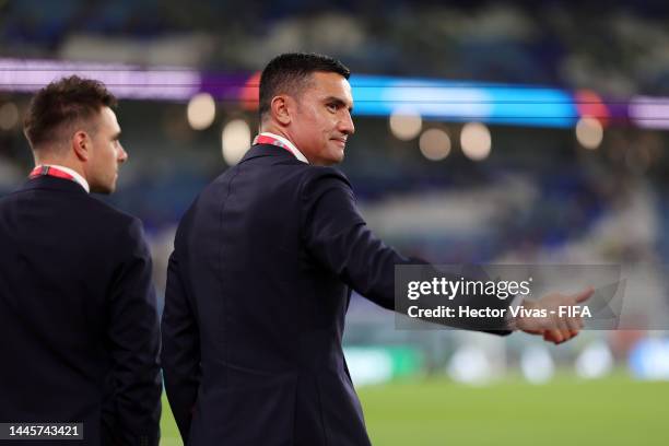 Tim Cahill is seen prior to the FIFA World Cup Qatar 2022 Group D match between Australia and Denmark at Al Janoub Stadium on November 30, 2022 in Al...