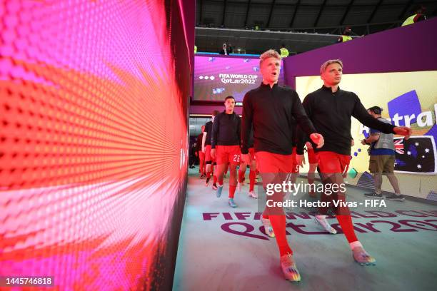 Daniel Wass and Jens Strygern Larsen of Denmark walk out for the warm up prior to the FIFA World Cup Qatar 2022 Group D match between Australia and...