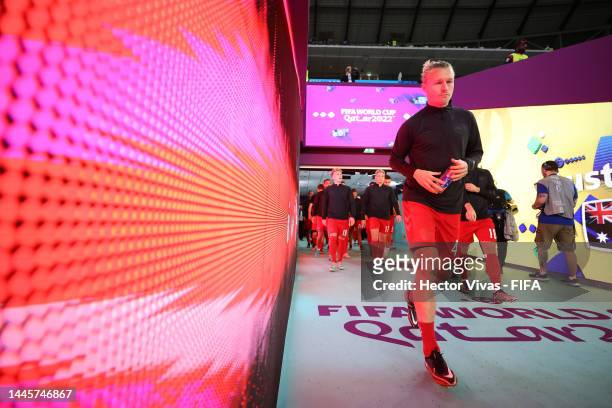 Simon Kjaer of Denmark walks out for the warm up prior to the FIFA World Cup Qatar 2022 Group D match between Australia and Denmark at Al Janoub...