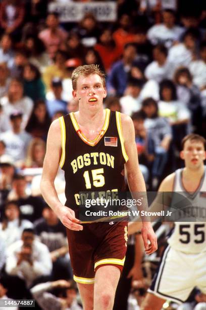 American basketball player Bill Curley from Boston College plays with a bloody nose during a game against the University of Connecticut, Hartford,...