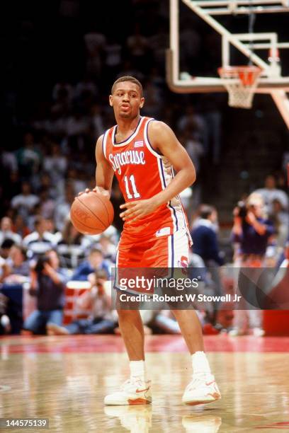 American basketball player Adrian Autry of Syracuse University with the ball during a game against the University of Connecticut, Hartford,...