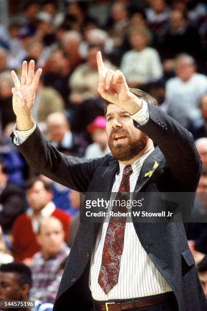 American basketball coach PJ Carlesimo of Seton Hall University gestures from the sidelines during a game against the University of Connecticut,...