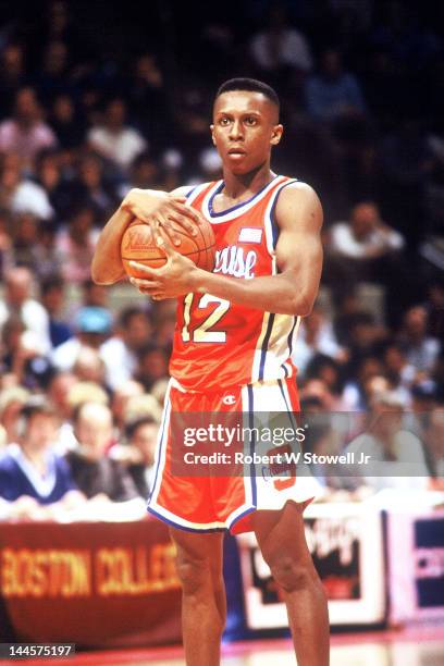 American basketball player Michael Edwards of Syracuse University with the ball during a game against the University of Connecticut, Hartford,...