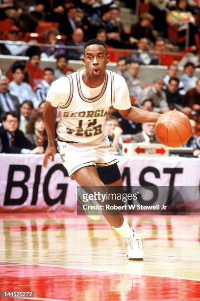 American basketball player Kenny Anderson of Georgia Tech's with the ball during an ACC Big East Challenge game against the University of Pittsburgh,...