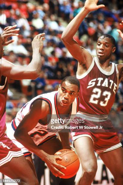American basketball player Scott Burrell of the University of Connecticut with the ball during agame against Mississippi State University, Hartford,...